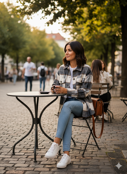 Χνουδωτό καρό overshirt με φλάνελ ύφασμα, μοντέρνος συνδυασμός μπεζ κρεμ και γαλάζιου, κρεμασμένο σε μεταλλική κρεμάστρα καταστήματος
