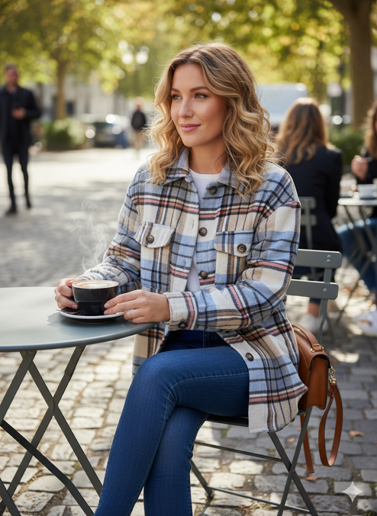 Μάλλινη ζακέτα ταρτάν shacket oversized γυναικεία με καρό σχέδιο σε μπλε και καφέ τόνους