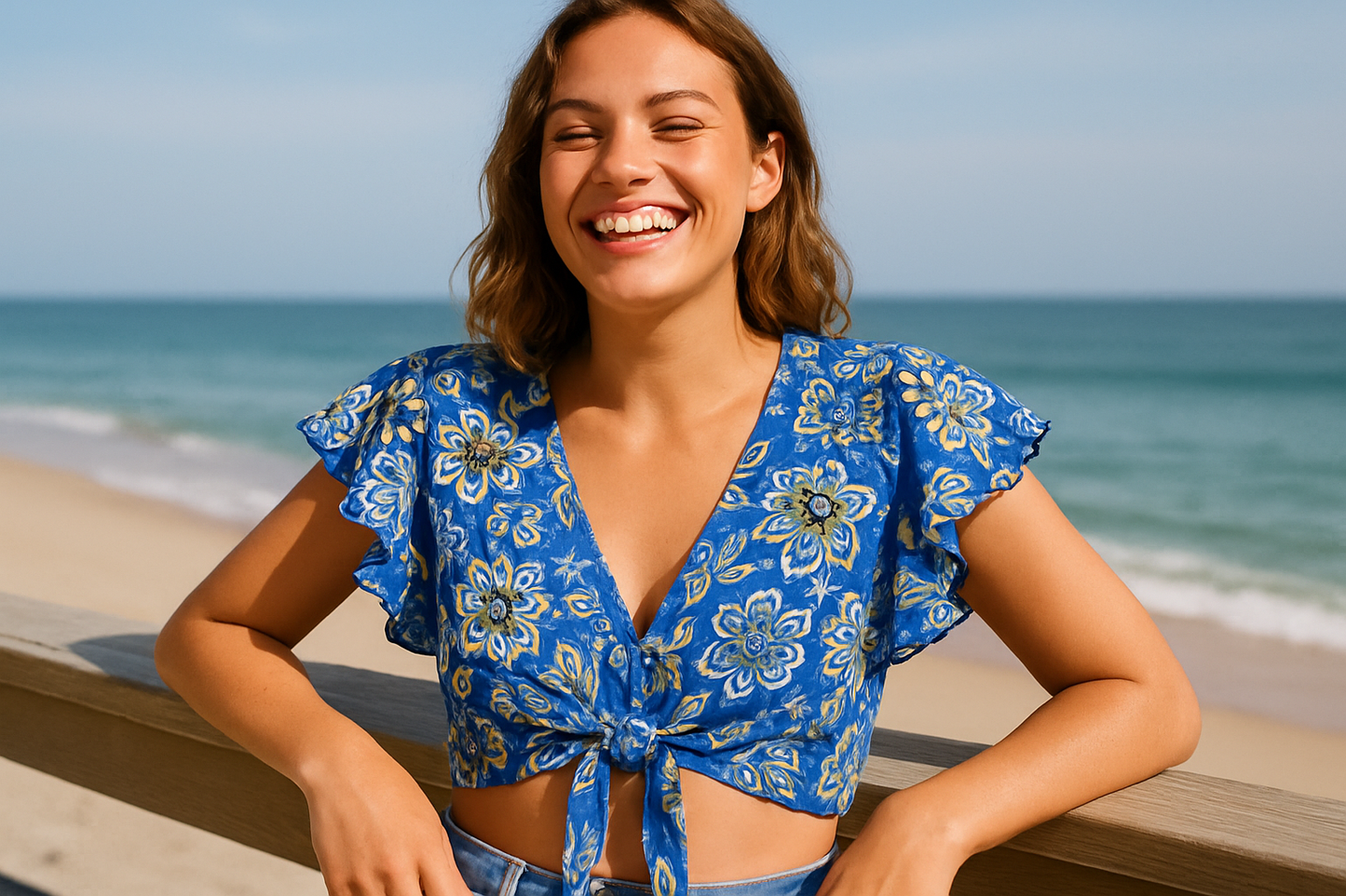 Εντυπωσιακό Boho Crop Top με Floral Μοτίβα - Μπλε Βολάν | C&M