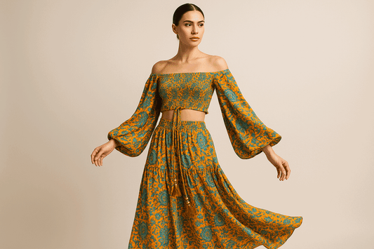 ΜΟΝΑΔΙΚΟ ΠΟΡΤΟΚΑΛΙ BOHO SET  CROP TOP & MAXI ΦΟΥΣΤΑ | C&M