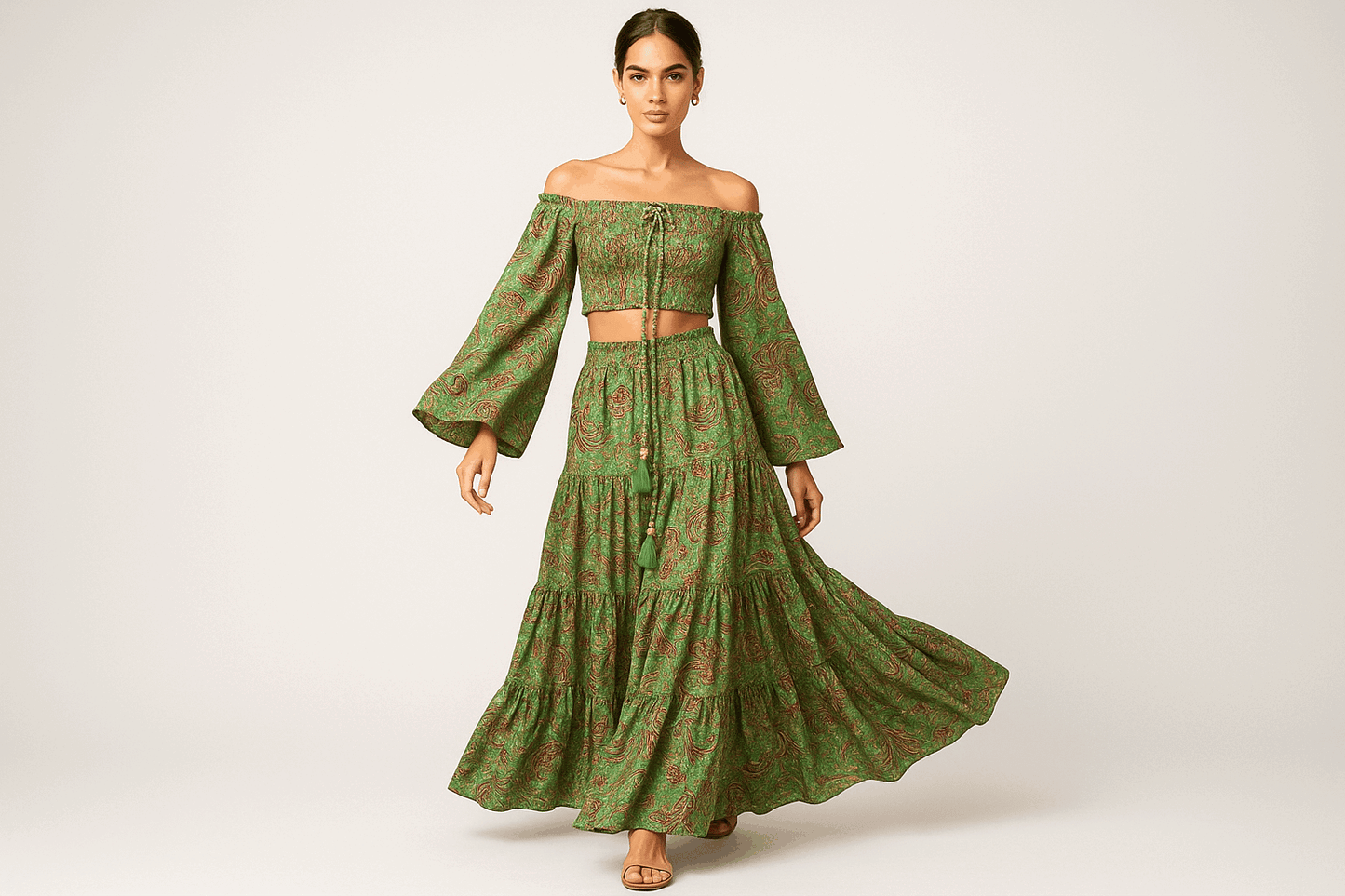 ΠΡΑΣΙΝΟ ΜΟΝΑΔΙΚΟ BOHO SET CROP TOP & MAXI ΦΟΥΣΤΑ (Πράσινο) | C&M