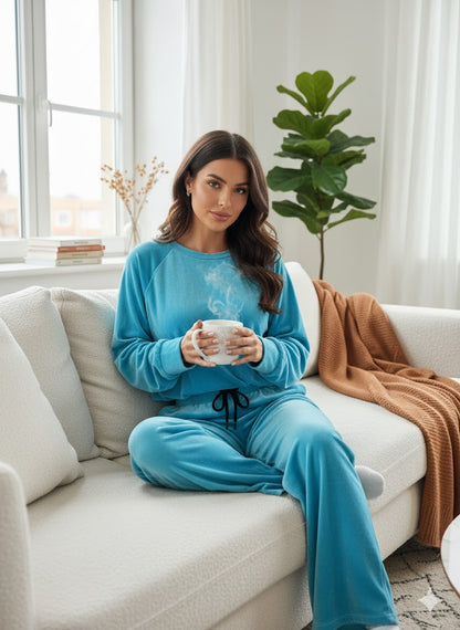 Γυναικείο γαλάζιο βελουτέ loungewear σετ άνετο και στυλάτο