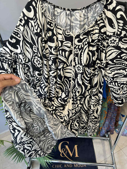 Εντυπωσιακό Καφτάνι Paisley Βολάν Μαύρο Κρέμ Viscose | C&M