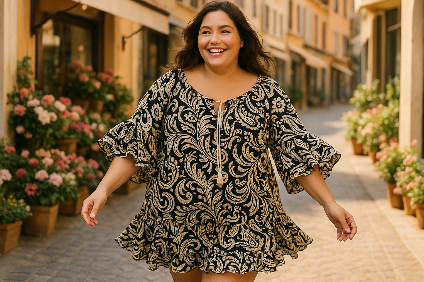 Εντυπωσιακό Καφτάνι Paisley Βολάν Μαύρο Κρέμ Viscose | C&M