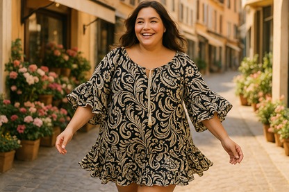 Εντυπωσιακό Καφτάνι Paisley Βολάν Μαύρο Κρέμ Viscose | C&M