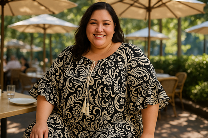 Εντυπωσιακό Καφτάνι Paisley Βολάν Μαύρο Κρέμ Viscose | C&M