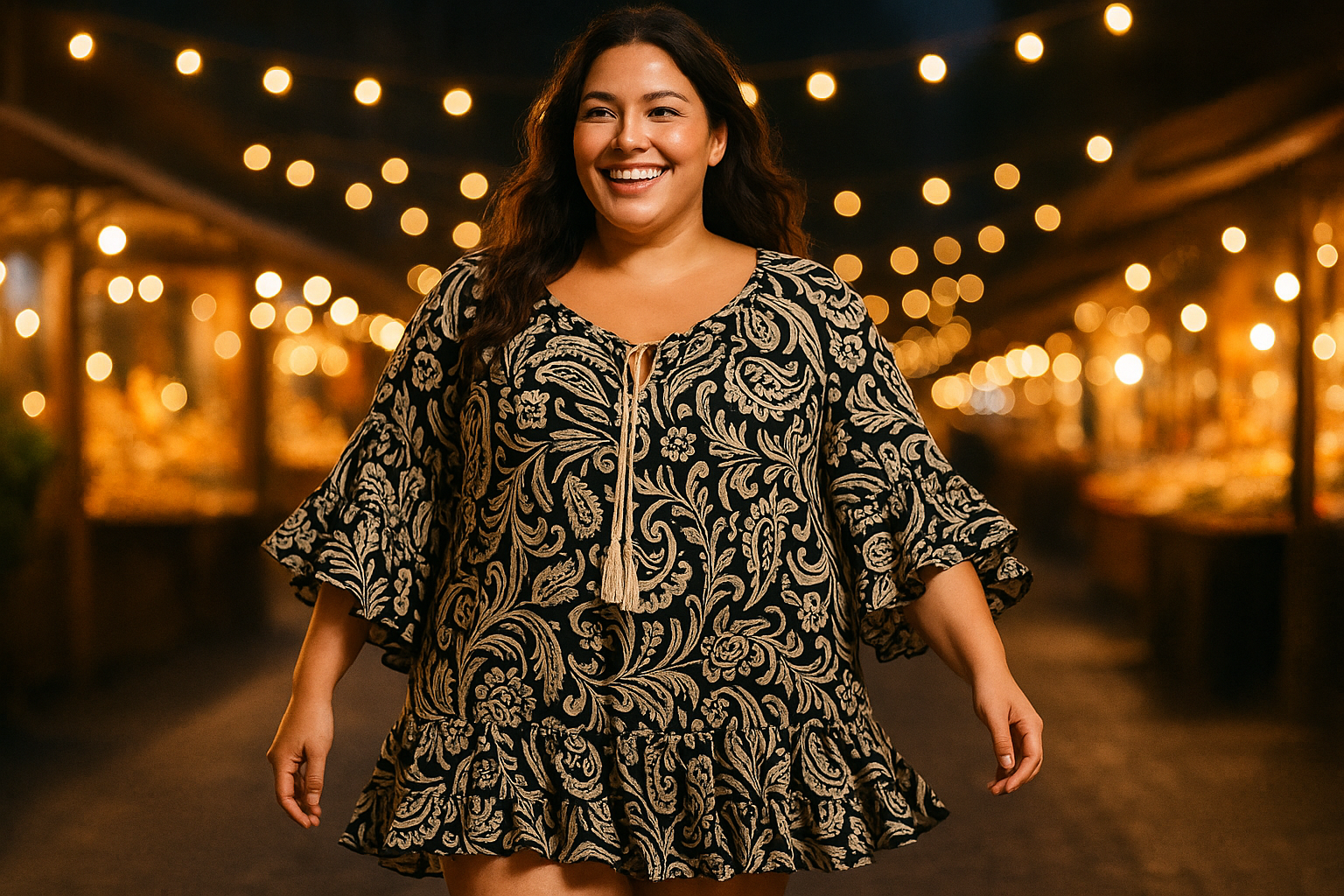 Εντυπωσιακό Καφτάνι Paisley Βολάν Μαύρο Κρέμ Viscose | C&M