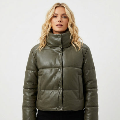 Γυναικείο Puffer Μπουφάν Δερματίνη Λαδί