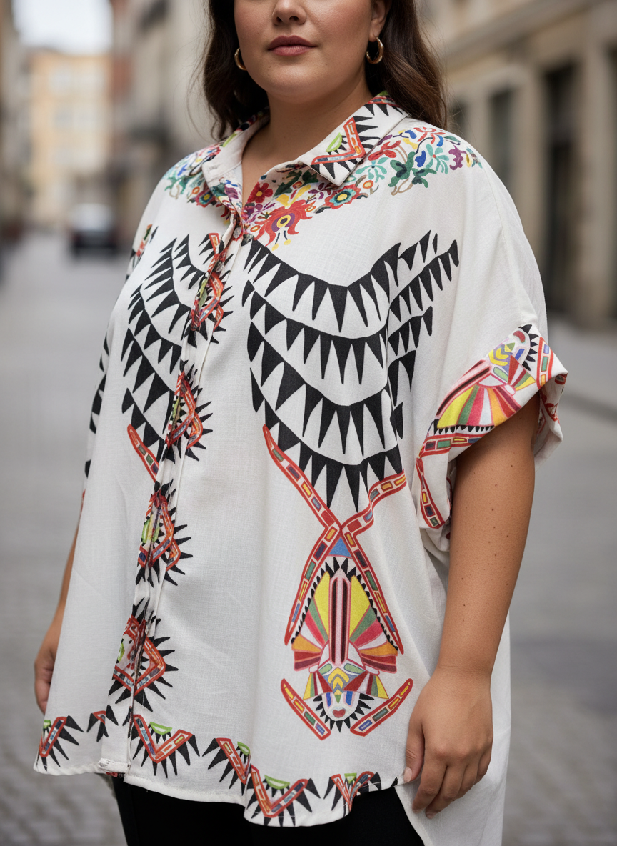 Λεπτομερής όψη plus size πουκάμισου με παραδοσιακά μοτίβα - 6XL τελευταία κομμάτια εθνικό στυλ γυναικείες μπλούζες υπερμεγέθη - C&M