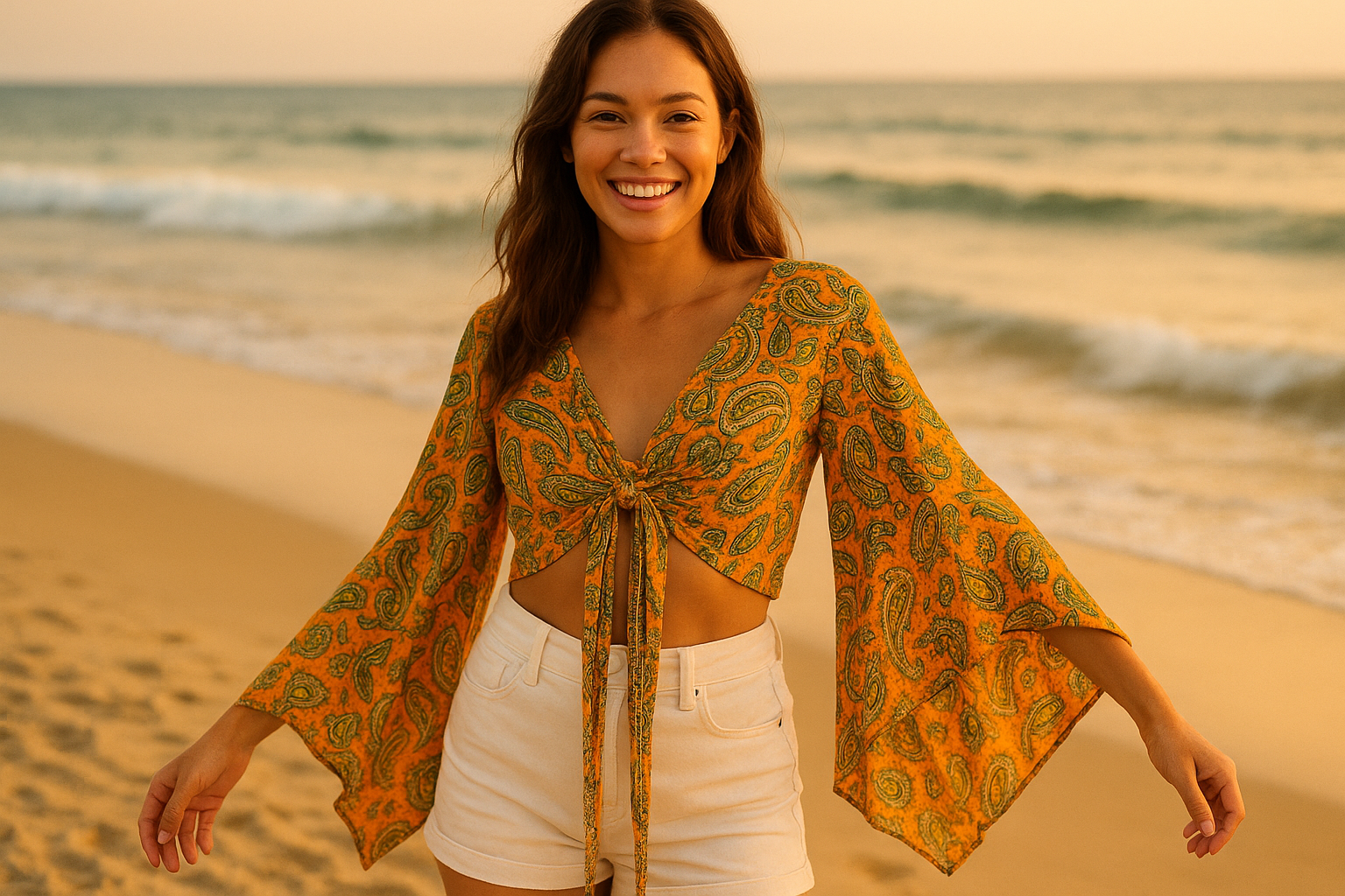 Boho Crop Top Μεταξωτό Με Μυτερά Φαρδιά Μανίκια | C&M